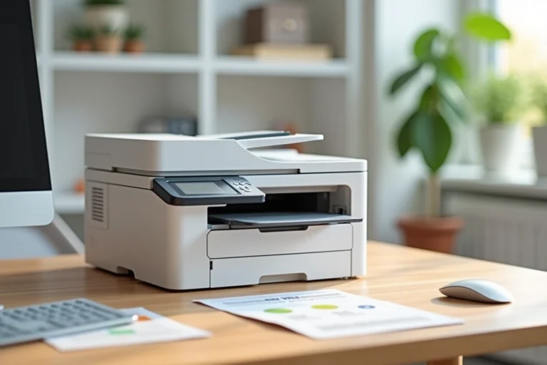 Imprimante multifonction Brother DCP-L3550CDW posée sur un bureau en bois dans un environnement de bureau à domicile