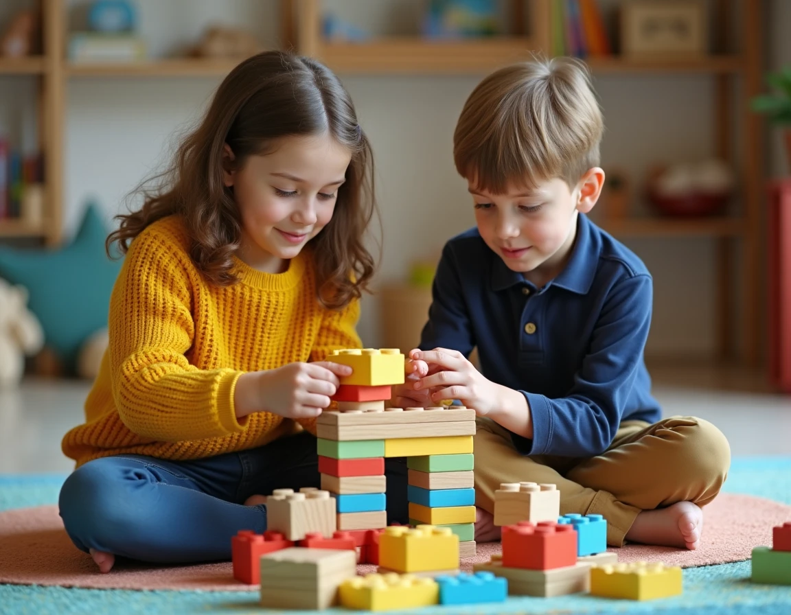 Enfants jouant et construisant ensemble avec des blocs en bois dans une salle de jeux