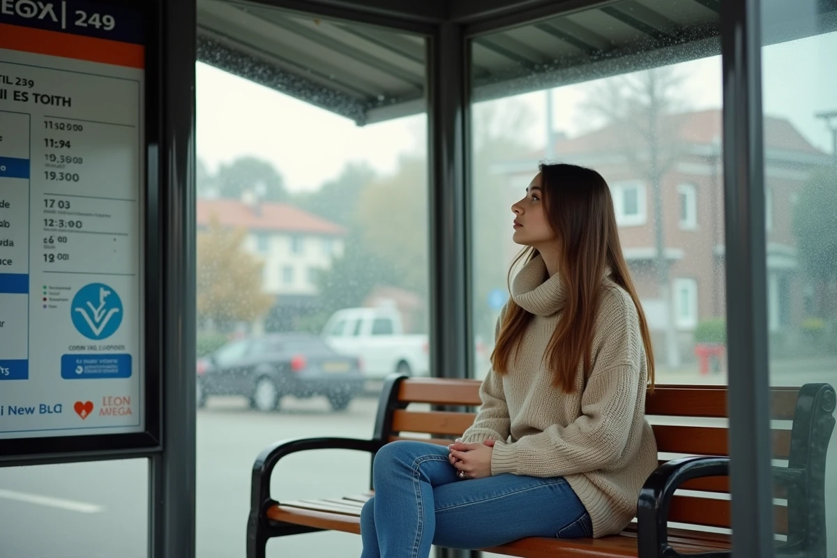 Jeune femme assise dans un abri bus regardant l