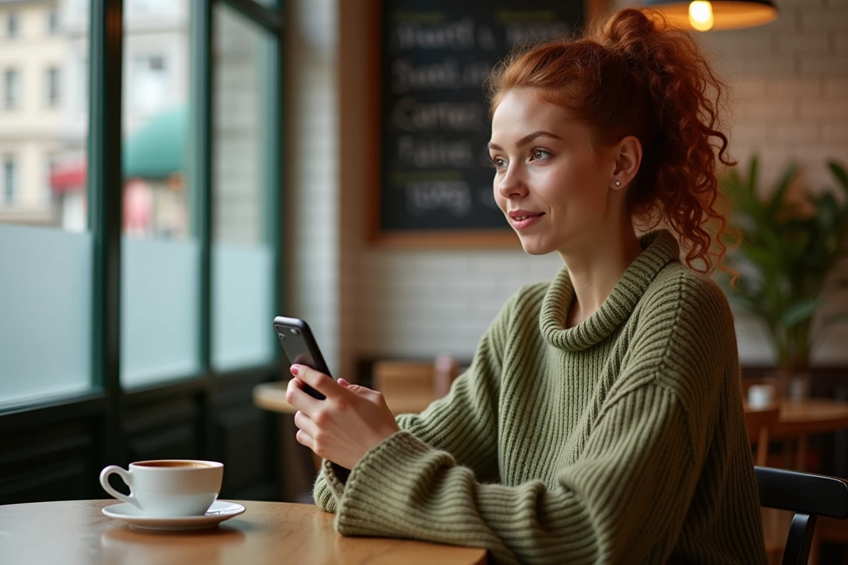 Jeune femme lisant des informations alternatives sur son smartphone dans un café urbain