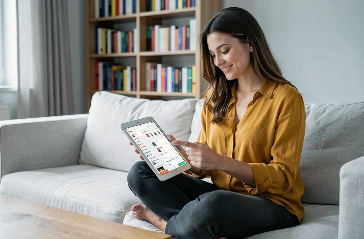 Jeune femme naviguant sur le plan de site d'une boutique en ligne via une tablette dans un salon moderne