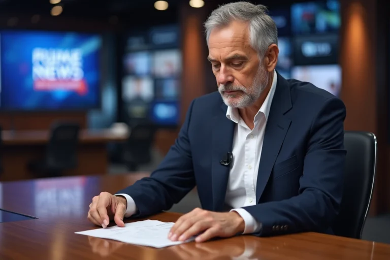 Journaliste télévision homme distingué costume marine bureau studio professionnel