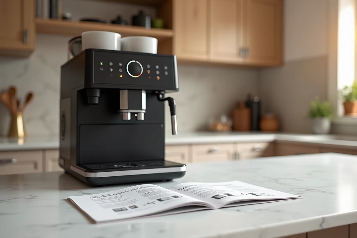 Machine à café automatique Krups EA81 avec voyants lumineux allumés et notice d'utilisation ouverte sur un plan de travail en marbre blanc
