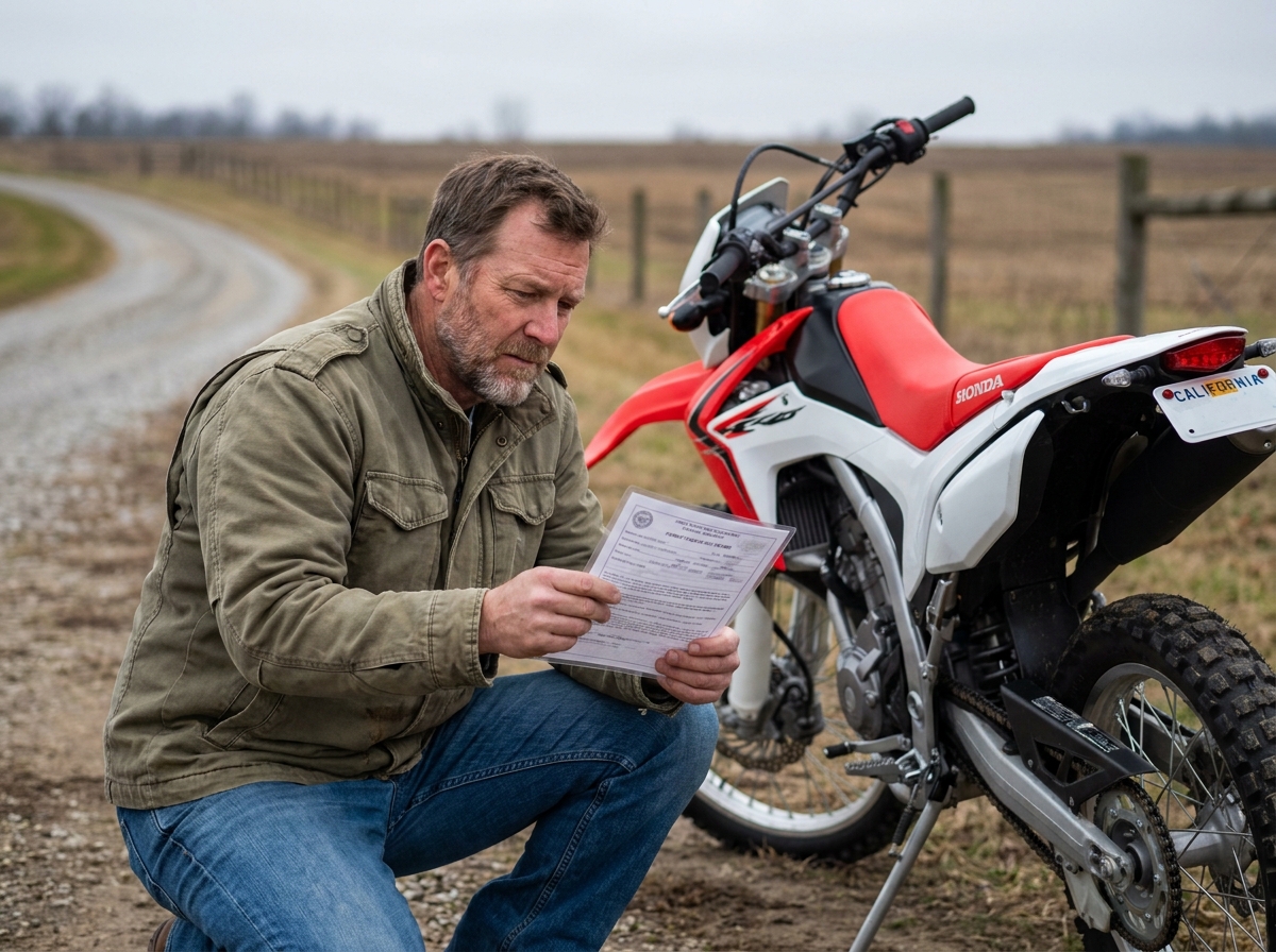 Motard adulte examinant un document de circulation légale à côté de sa moto cross homologuée sur un chemin rural
