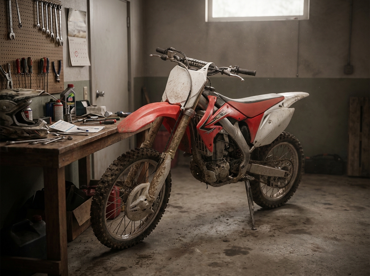 Moto cross à l'arrêt dans un garage encombré avec des papiers d'immatriculation et des équipements, illustrant les motos légales non utilisées