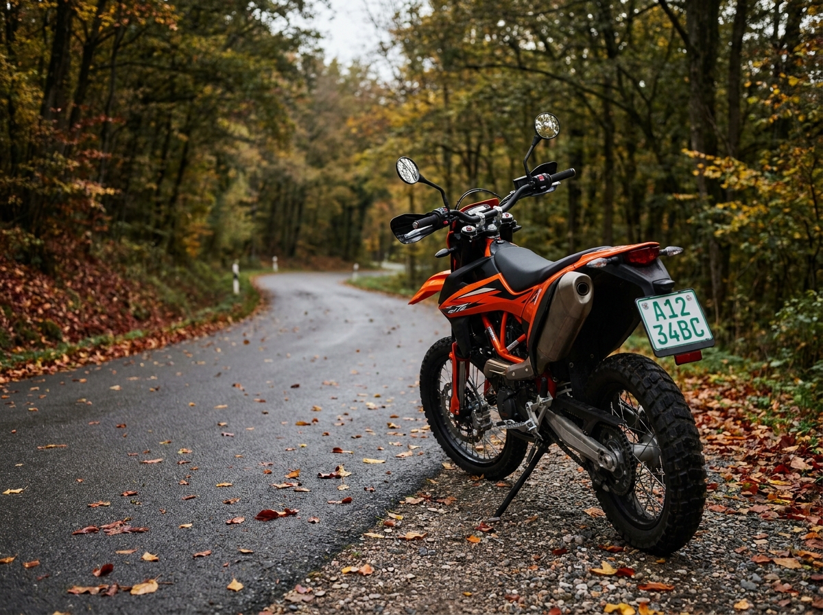 Moto cross homologuée route avec plaque d'immatriculation et équipements légaux garée au bord d'une route forestière en automne