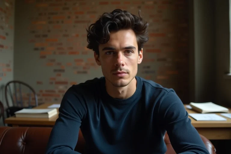 Portrait éditorial d'un jeune acteur talentueux aux cheveux bouclés foncés dans une salle de répétition, ambiance backstage authentique