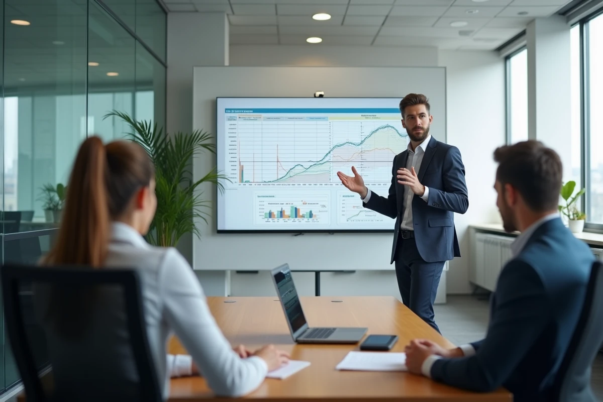 Jeune homme en présentation devant une équipe en formation