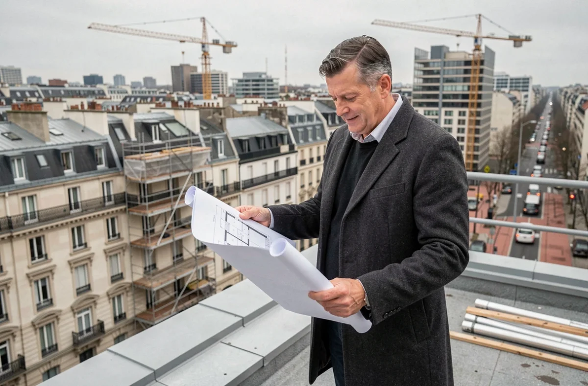 Promoteur immobilier examinant des plans d'architecte sur un chantier en toiture avec panorama urbain
