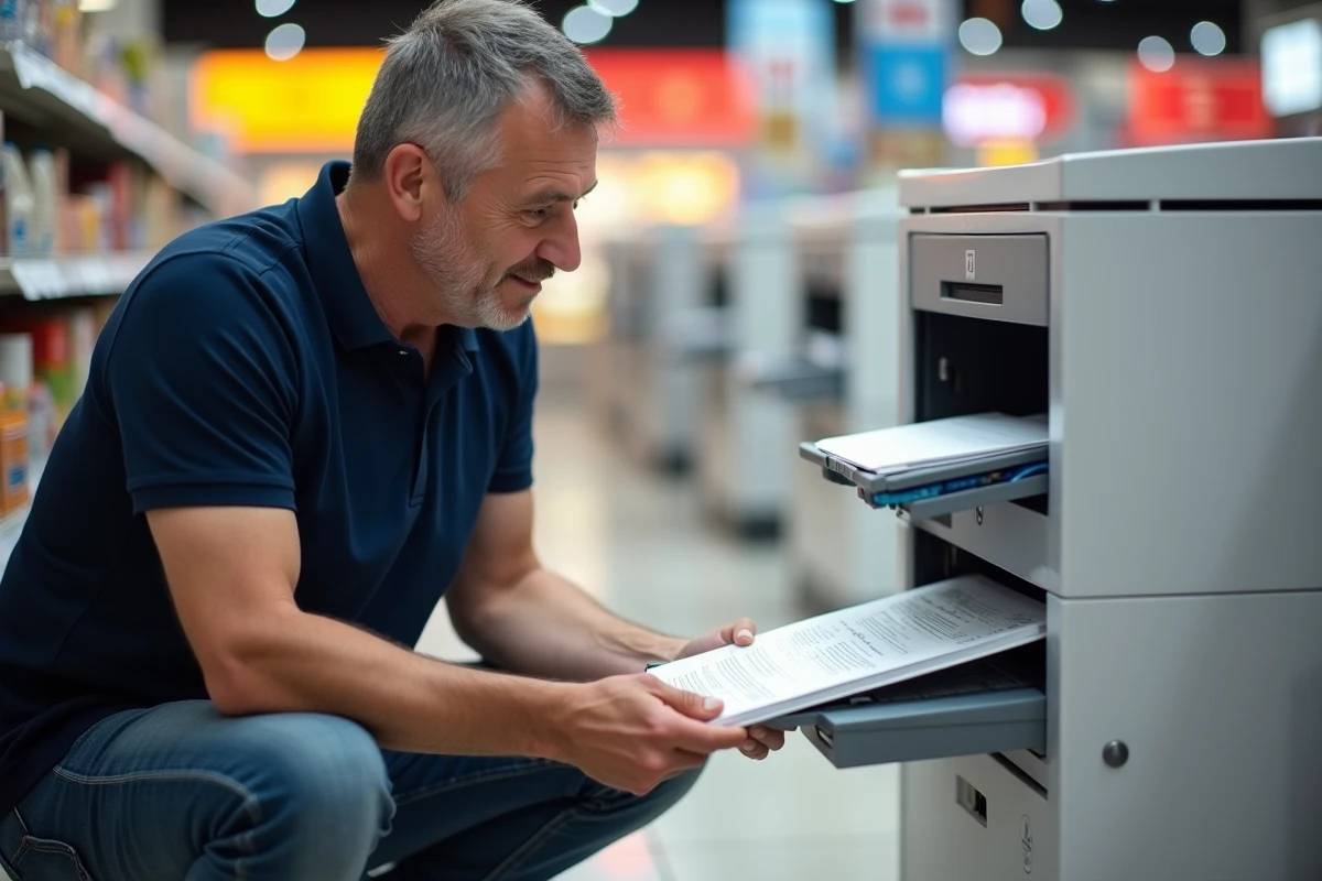Homme récupérant des documents imprimés à la borne libre-service Carrefour