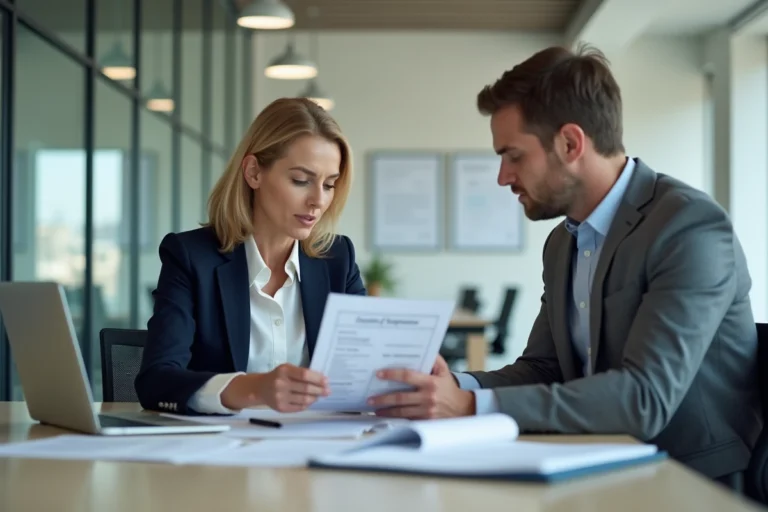 Deux agents de la fonction publique en réunion professionnelle autour de documents de formation continue dans un bureau institutionnel moderne