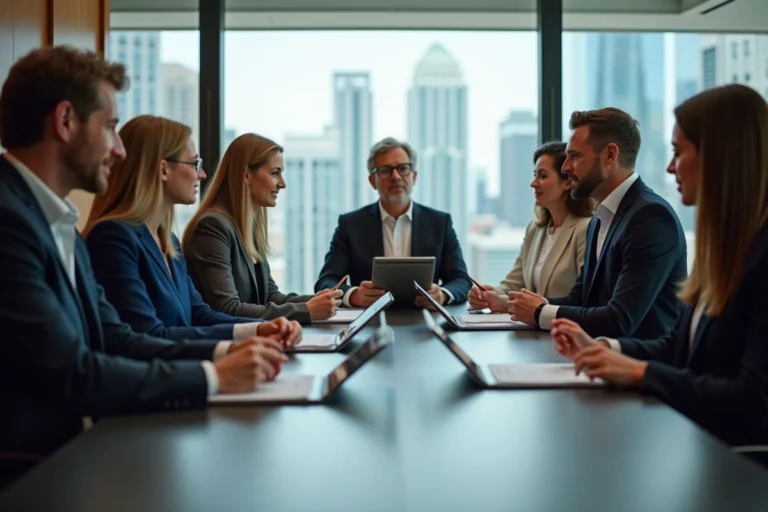 Groupe de professionnels en réunion dans une salle moderne