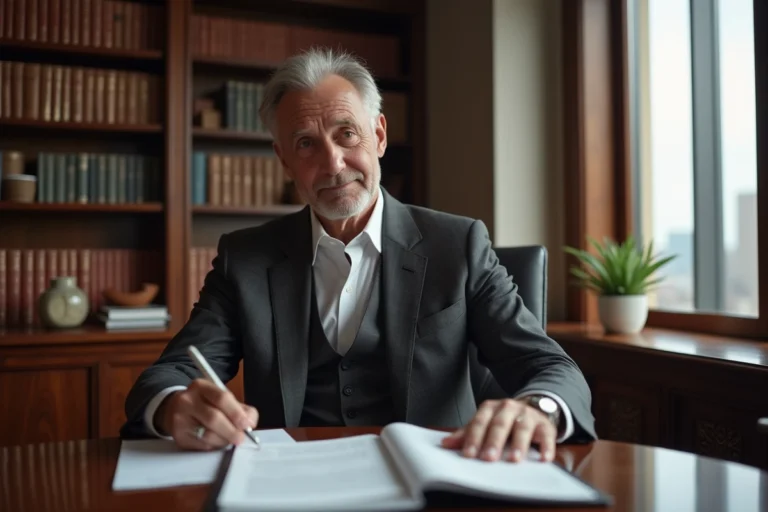 Homme d'affaires prospère en costume sur mesure consultant des documents financiers dans un bureau luxueux, illustrant la fortune et le patrimoine de Roger Erhart
