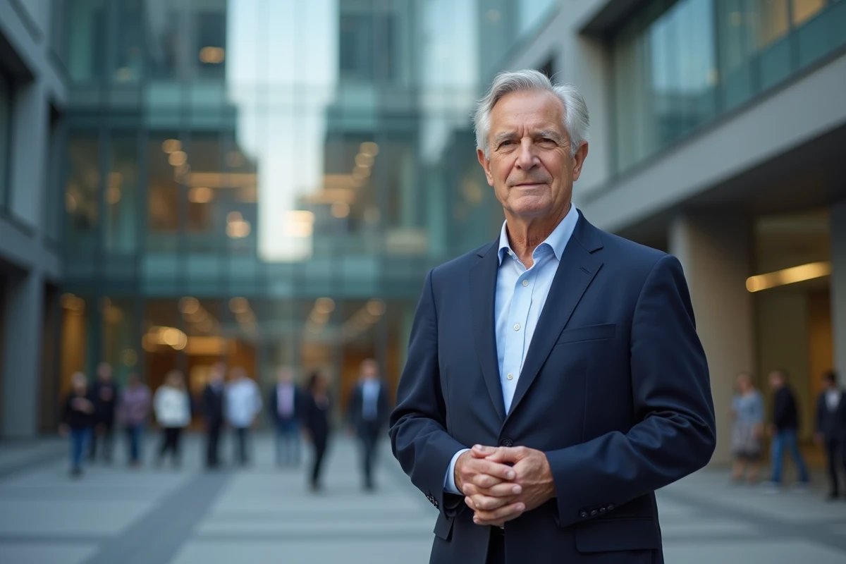 Portrait d'un homme fortuné devant un immeuble de bureaux moderne dans un quartier financier, symbolisant les sources de richesse et les revenus de Roger Erhart