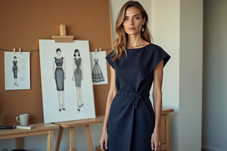 Femme élégante à la silhouette affinée dans un atelier parisien portant une robe midi structurée bleu marine
