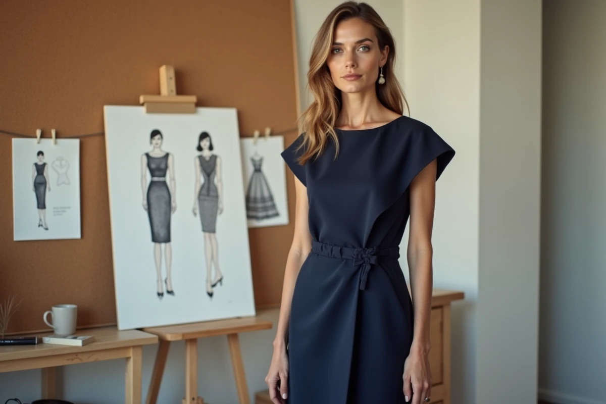 Femme élégante à la silhouette affinée dans un atelier parisien portant une robe midi structurée bleu marine