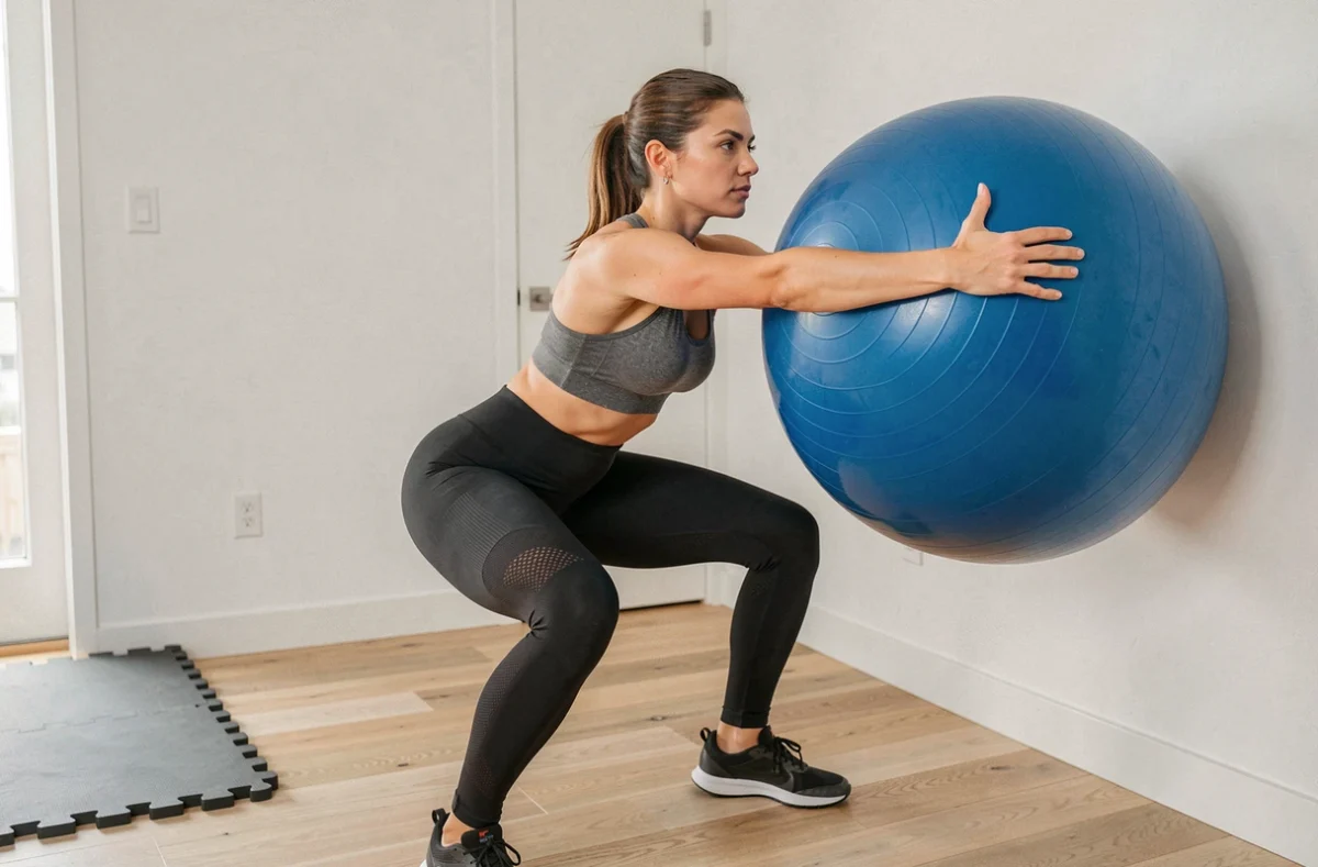 Femme réalisant un squat contre le mur avec un ballon de gym bleu dans une salle de sport moderne