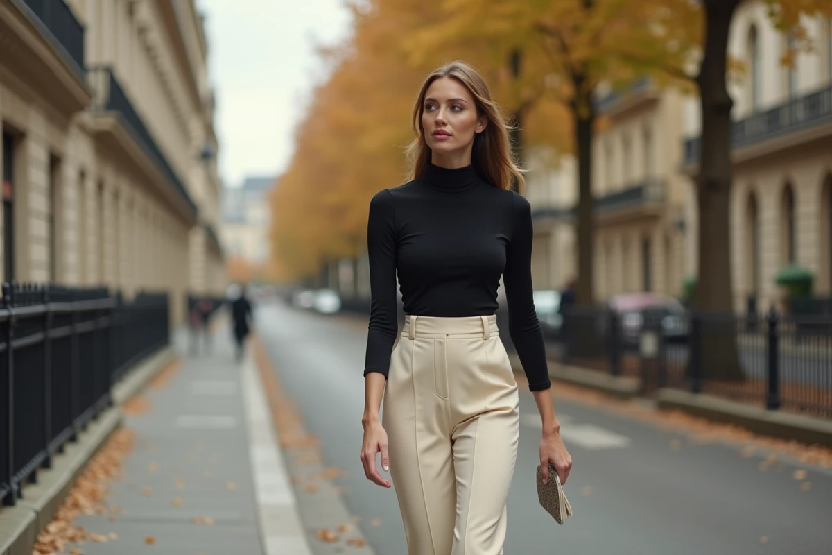 Femme grande et mince en tenue chic marchant sur un boulevard haussmannien parisien en automne