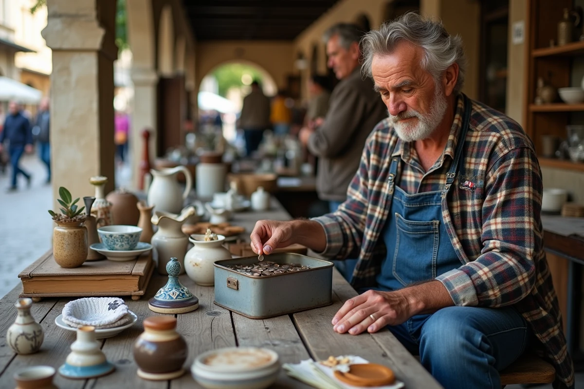 Vendeur organisant son fond de caisse métallique sur un stand de brocante dans un marché couvert